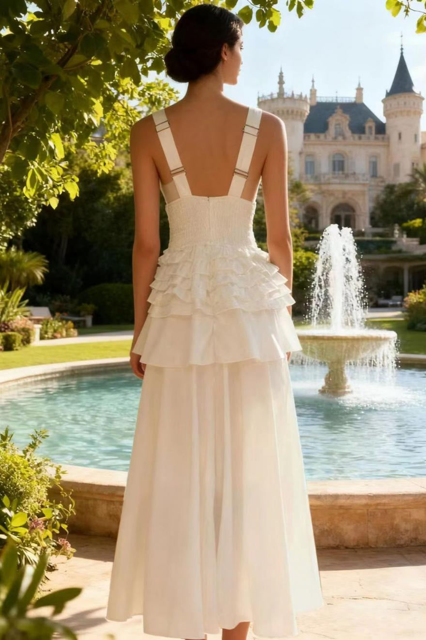 Deep V-Neck Sleeveless Corset Tiered Fit and Flare Midi Dress