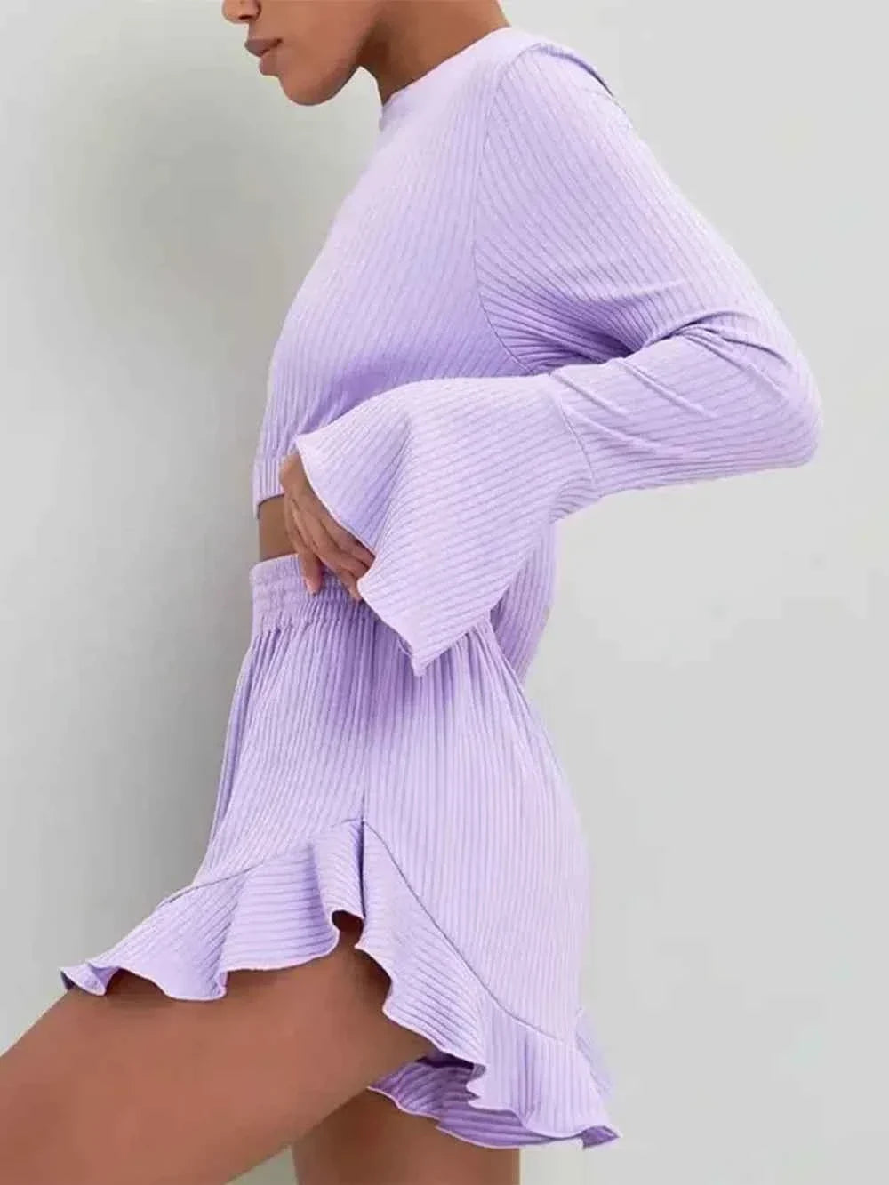 Ribbed Round Neck Bell Sleeve Crop Top and Ruffle Hem Shorts Two Piece Set 2