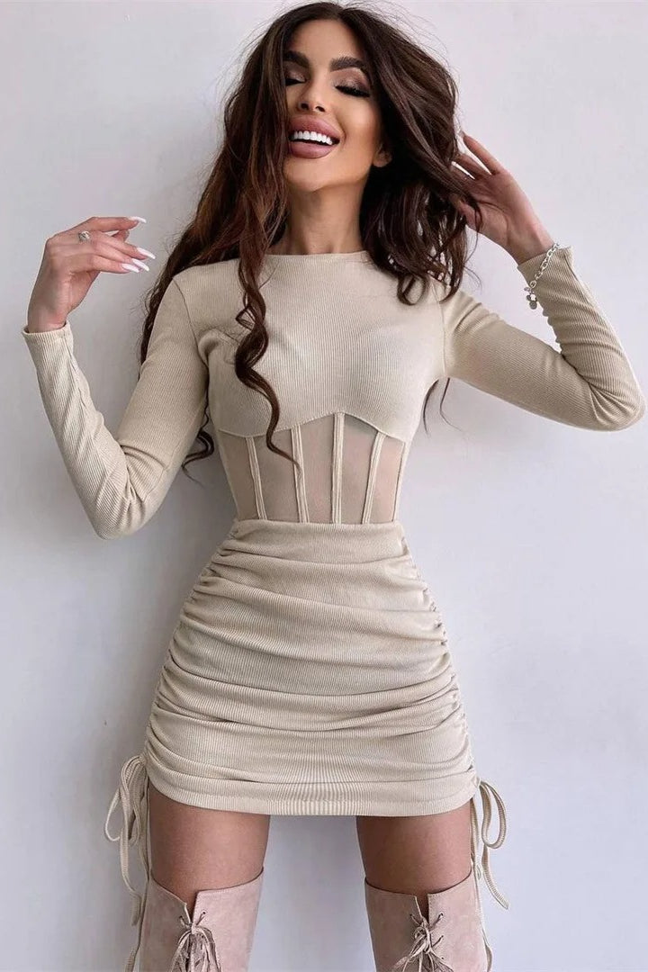 Long Sleeve Mesh Corset Ruched Bodycon Mini Dress