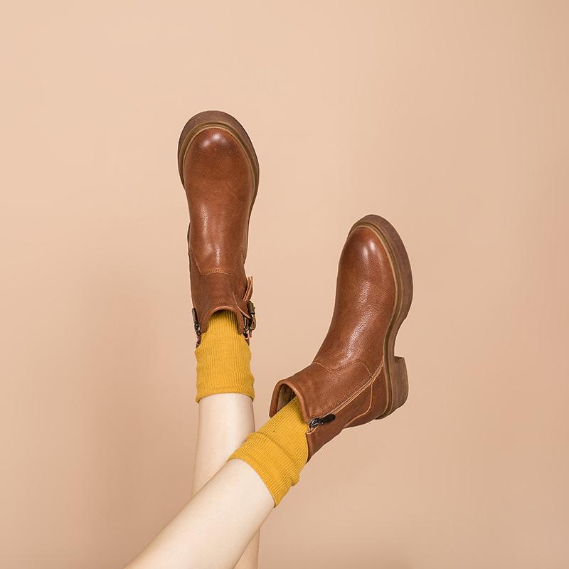 Full Grain Leather Short Boots Designer Retro Chunky Riding Boots Side Zip Buckle Boots Brown/Black