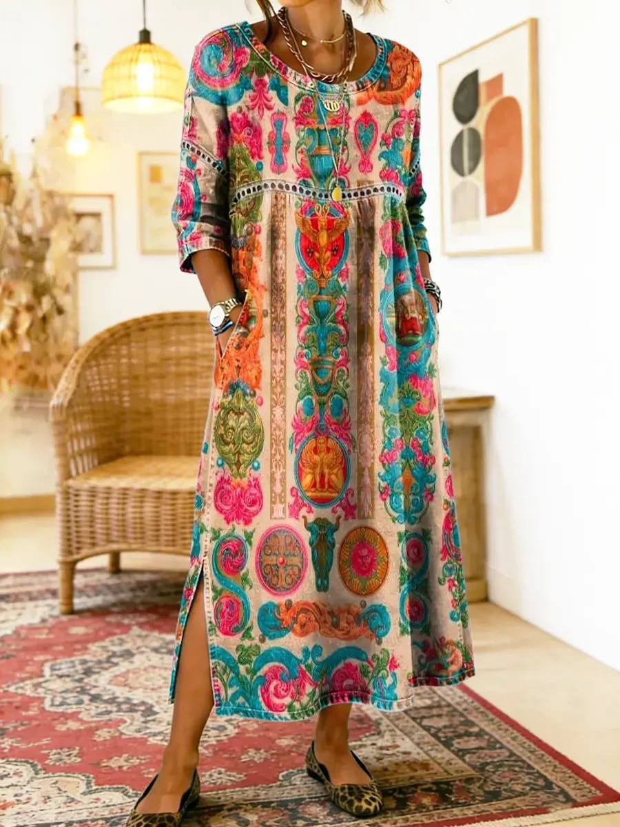 Paisley Print Long Sleeve Side Slit Pocket Maxi Dress