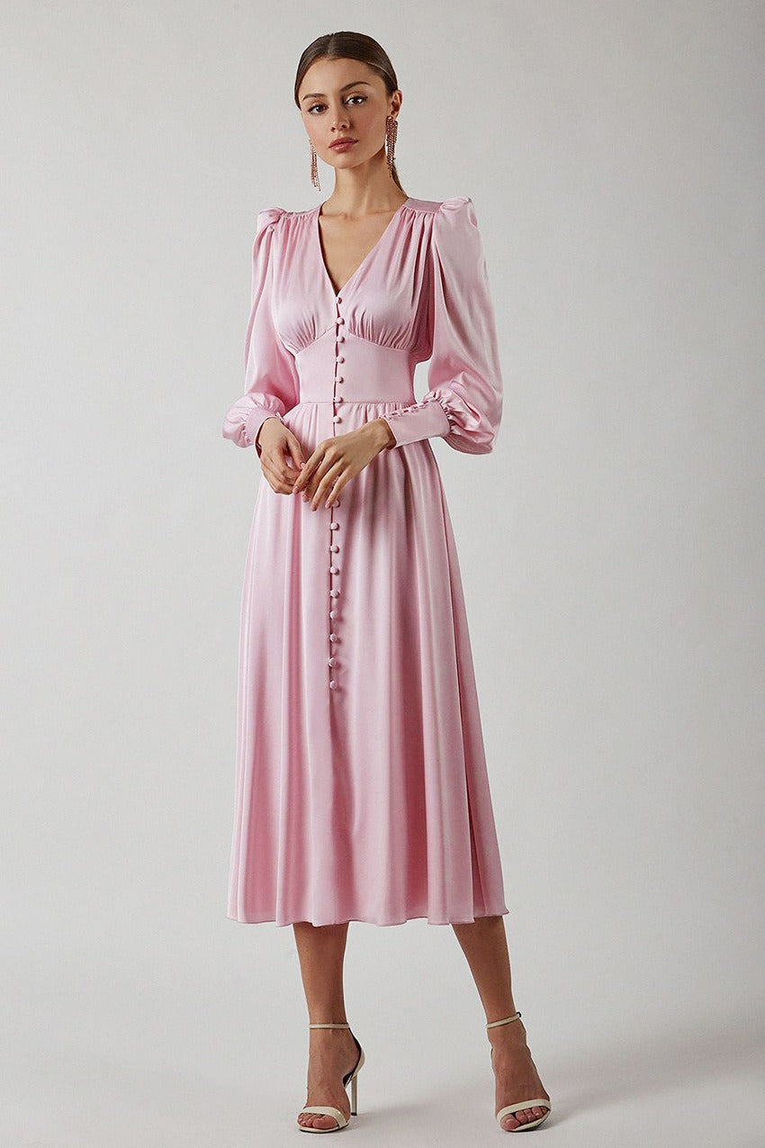 Satin Puff Sleeve Bustier Tailored Midi Dress