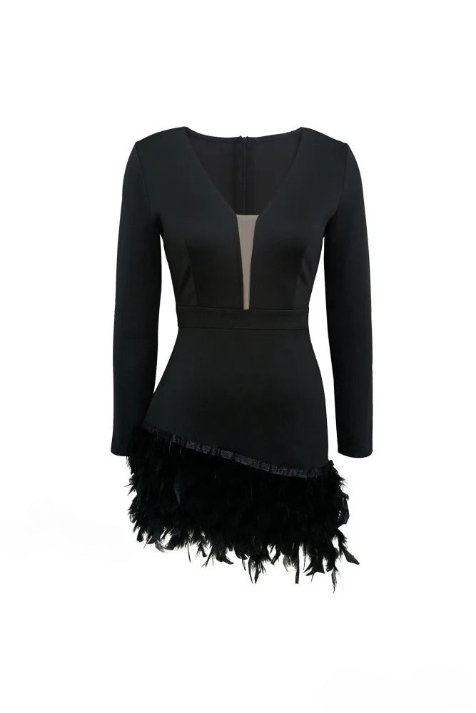 Deep V-Neck Long Sleeve Feather Trim Hem Bodycon Mini Dress 6
