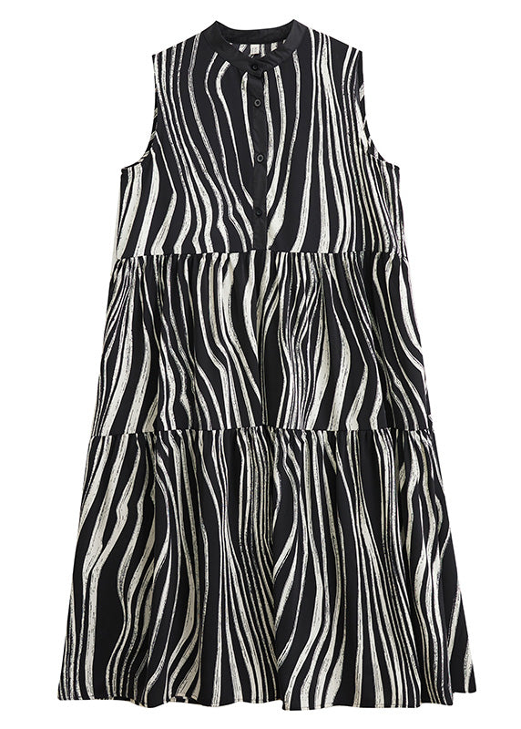 Wavy Stripe Print Band Collar Button Front Tiered Sleeveless Maxi Dress