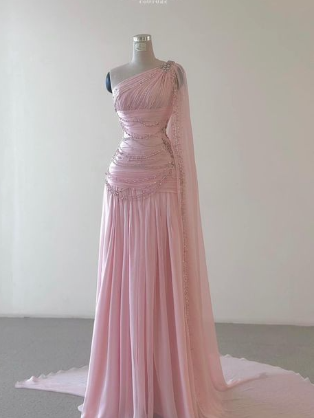 Vintage One Shoulder Pink Beaded A Line Chiffon Evening Dress Elegant Prom Dress cc1659