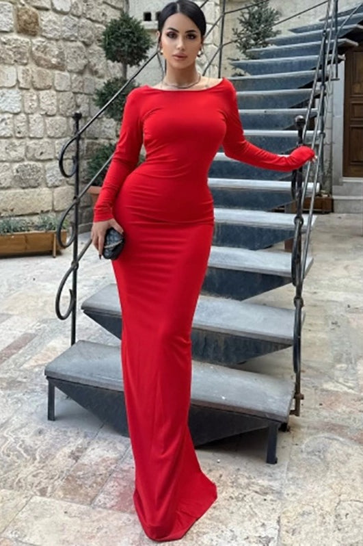 Long Sleeve Open Back Ruched Bodycon Mermaid Maxi Dress