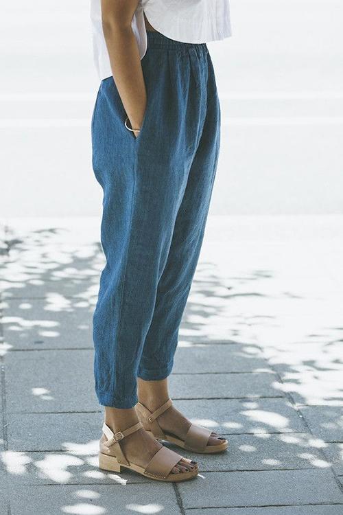 Linen Pockets Elastic Waist Pants