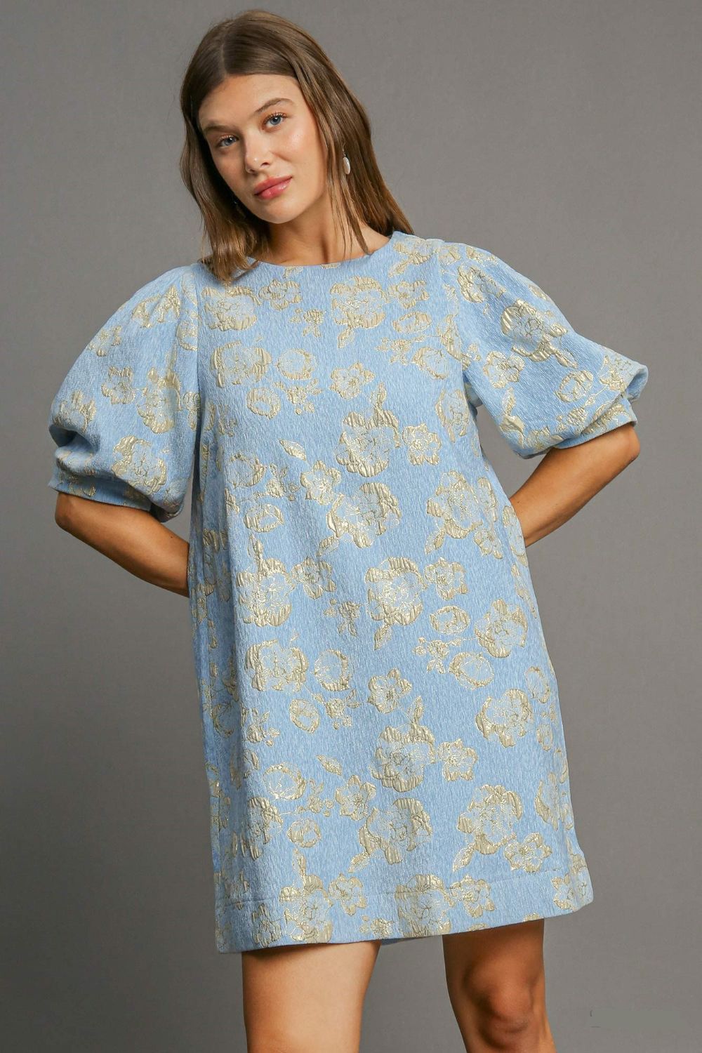 Floral Jacquard Puff Sleeve Mini Dress - View 3