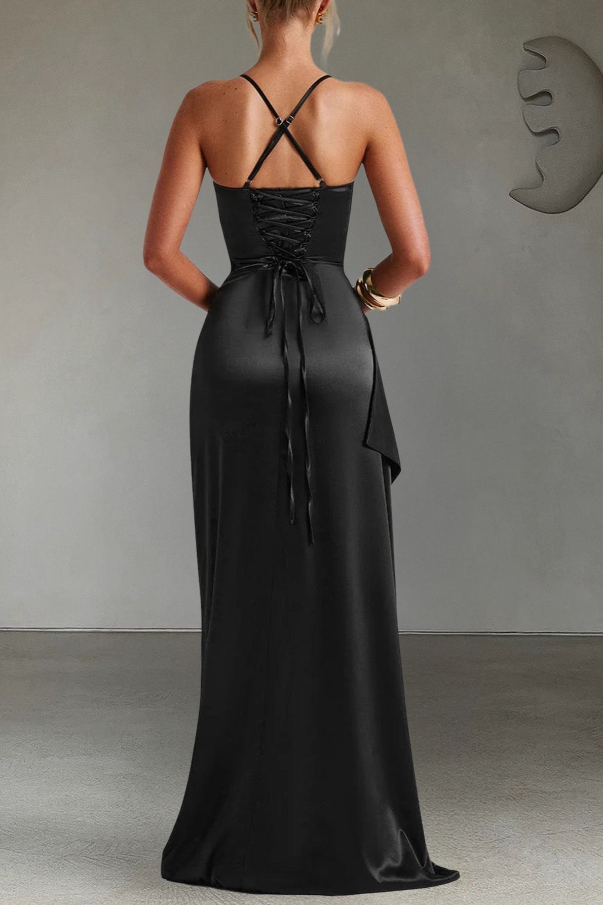 Satin Spaghetti Strap Cowl Neck Ruched High Split Drape Maxi Gown