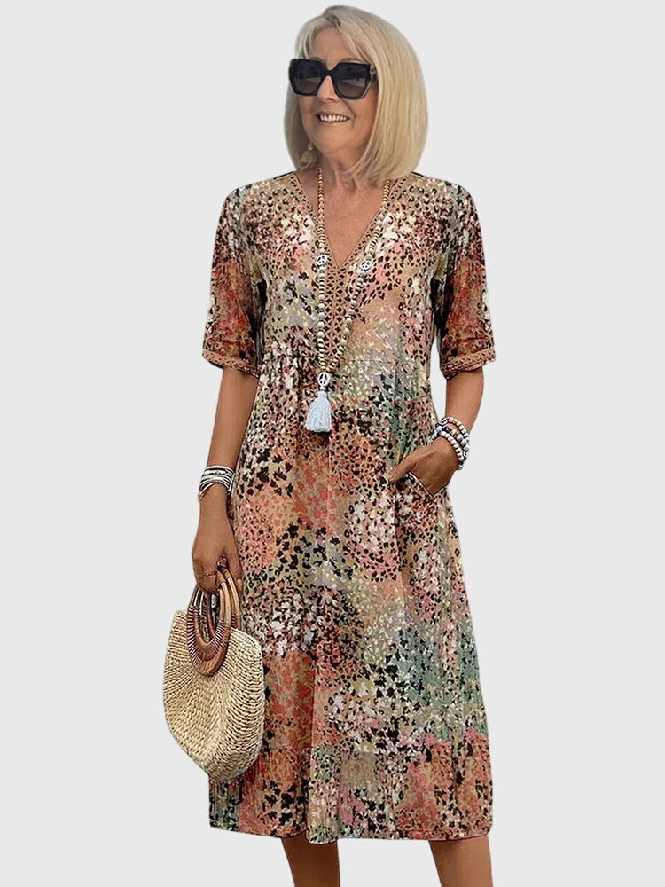 Animal Print V-Neck Short Sleeve Pocket Midi Dress
