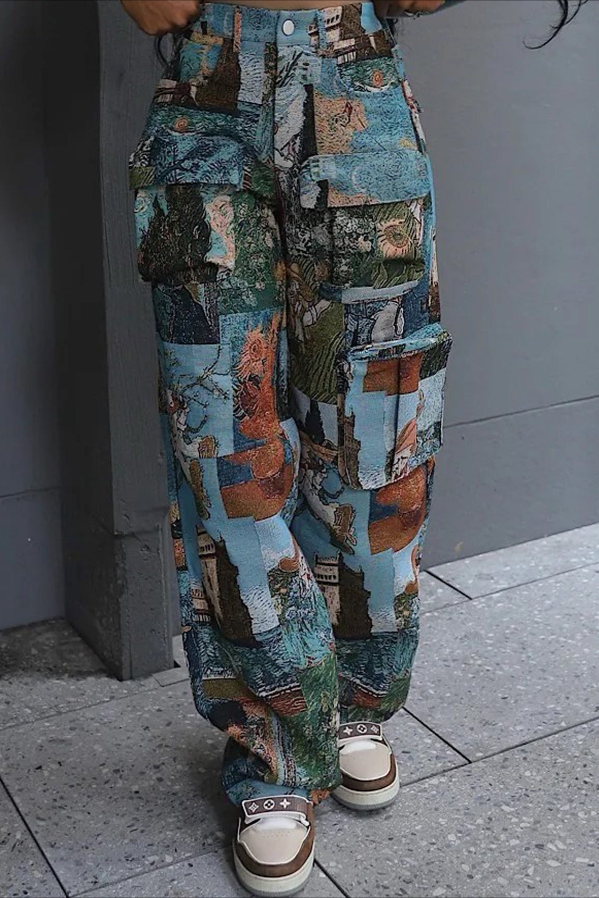 Tapestry Patchwork Print Multi Pocket Straight Leg Cargo Pants 3