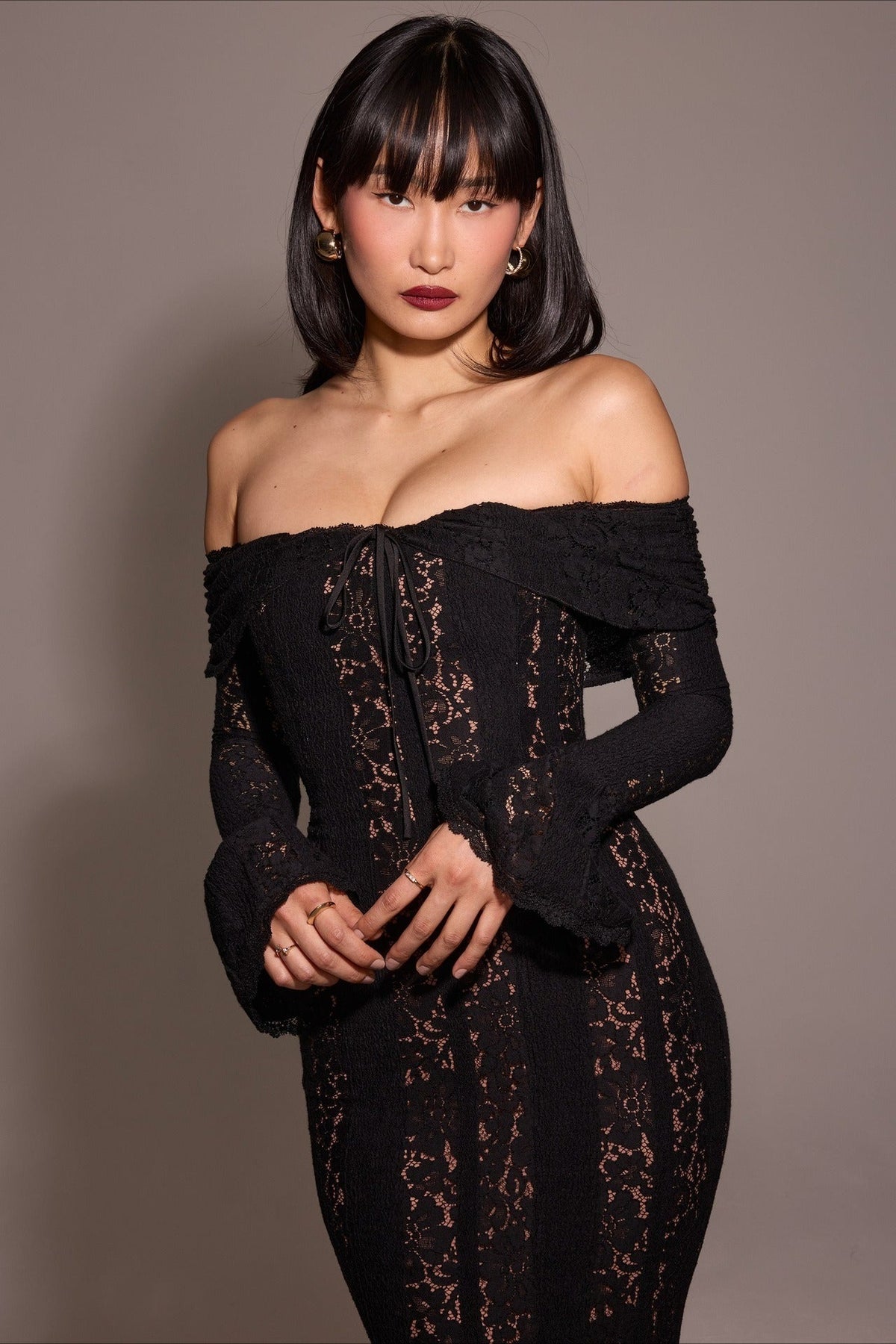 Lace Off Shoulder Long Sleeve Sheer Mermaid Maxi Dress - View 6