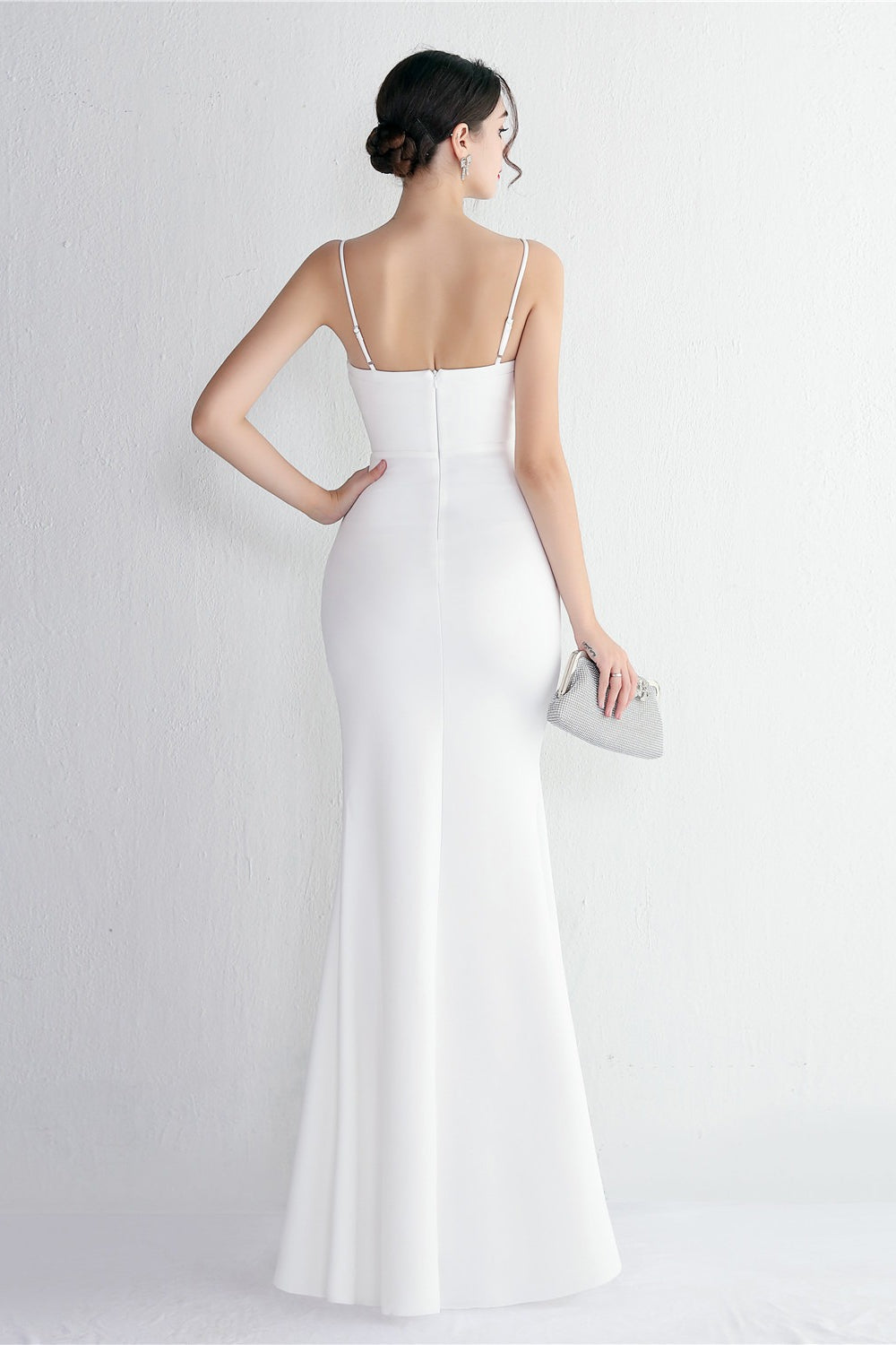 Satin Spaghetti Strap V-Neck Ruched High Split Maxi Gown