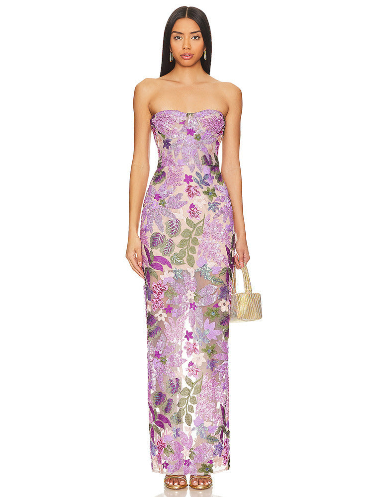Aleka strapless mesh sequin maxi backless dress