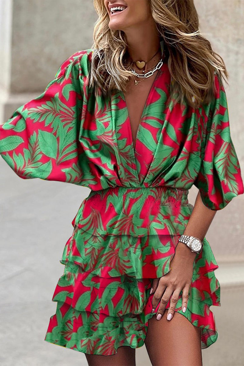 Deep V-Neck Kimono Sleeve Smocked Waist Tiered Ruffle Mini Dress