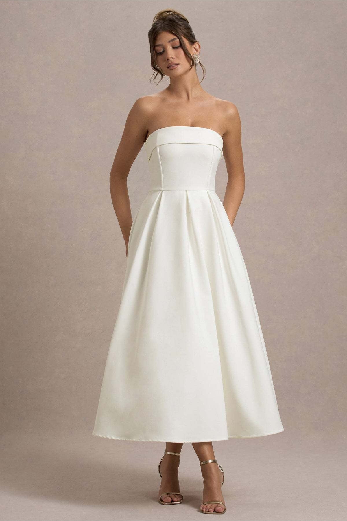 Strapless Fold Over Neck Box Pleat A-Line Midi Cocktail Dress