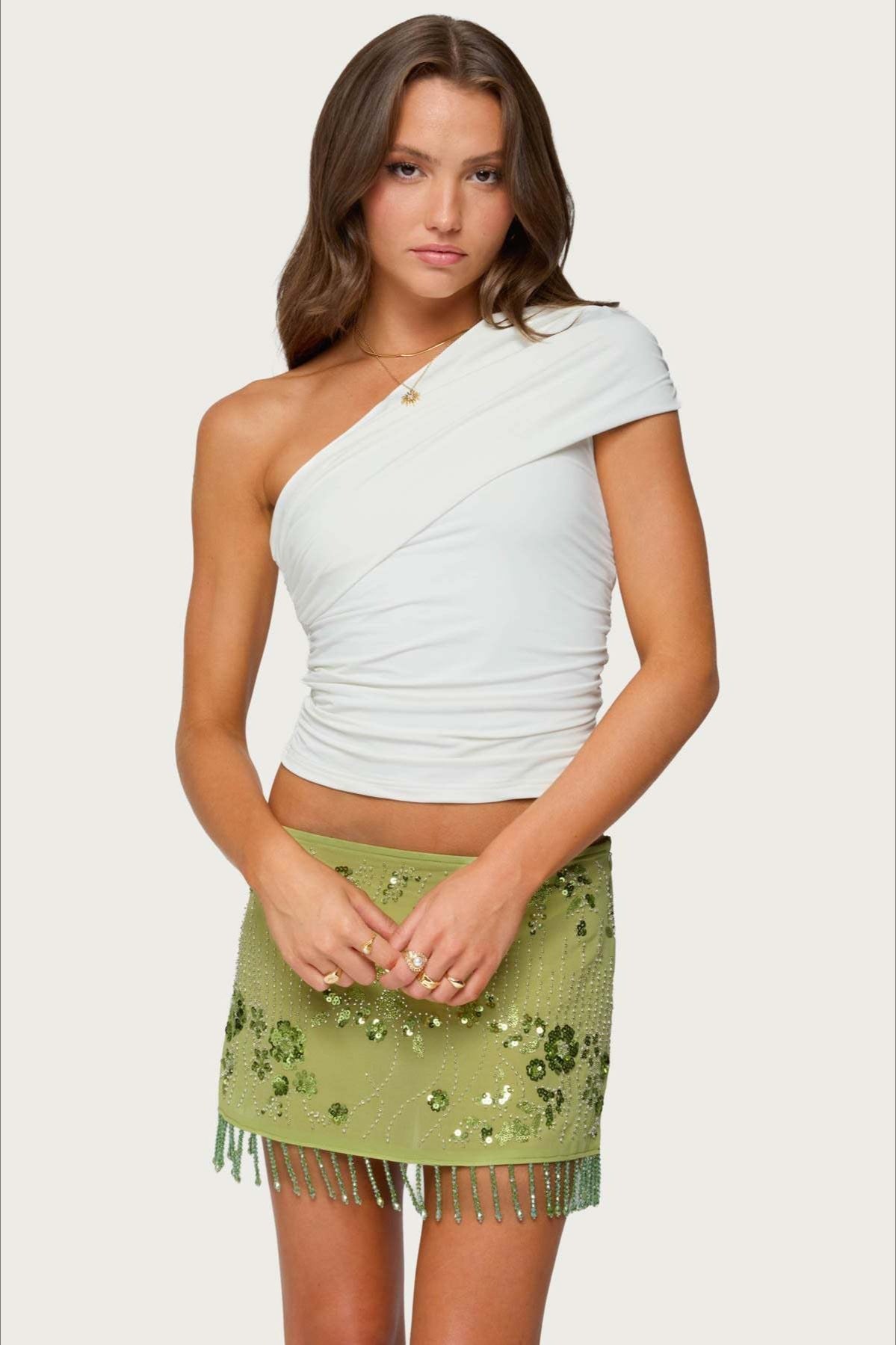 Sequin Floral Beaded Fringe Hem Low Waist Mesh Mini Skirt