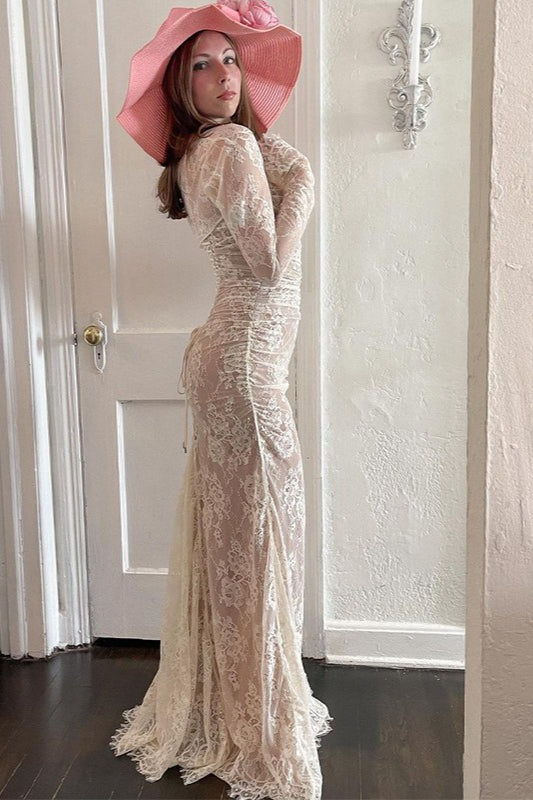 Floral Lace Ruched Long Sleeve Square Neck Mermaid Maxi Gown