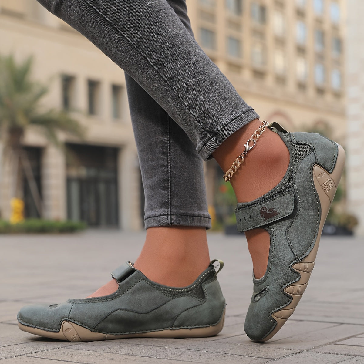 Round Toe Hook and Loop Strap Flats