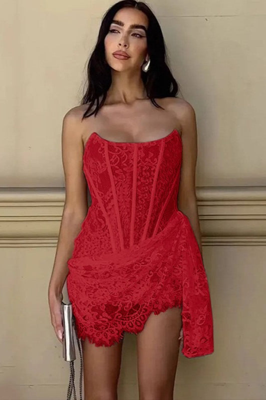 Strapless Sheer Lace Corset Draped Eyelash Hem Mini Dress 5