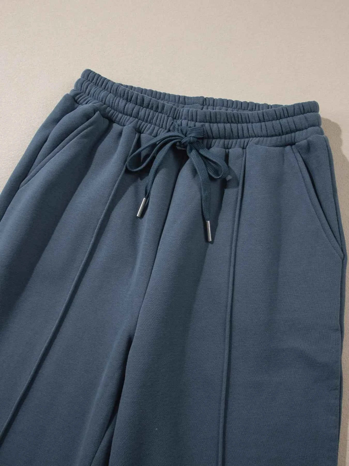Collared Button Placket Sweatshirt and Seam Front Wide Leg Pants Two Piece Set 22