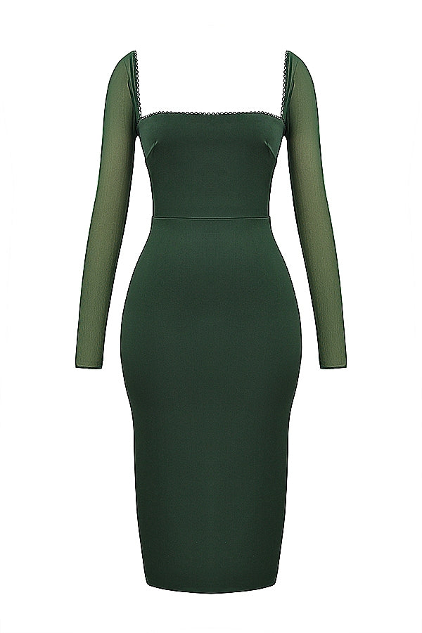 Satin Square Neck Mesh Long Sleeve Bodycon Midi Dress 9