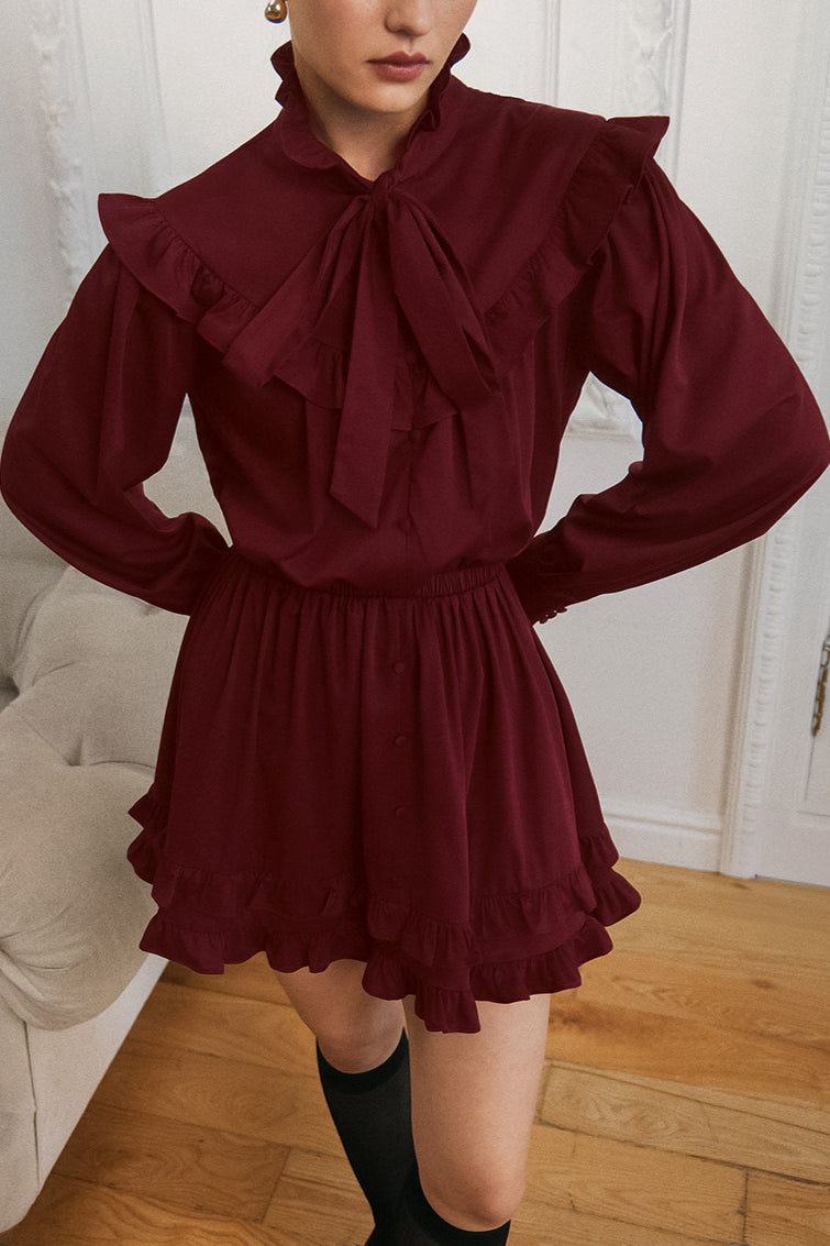 Elegant Bow Tie Lace Up Long Sleeve A Line Mini Dress - View 3
