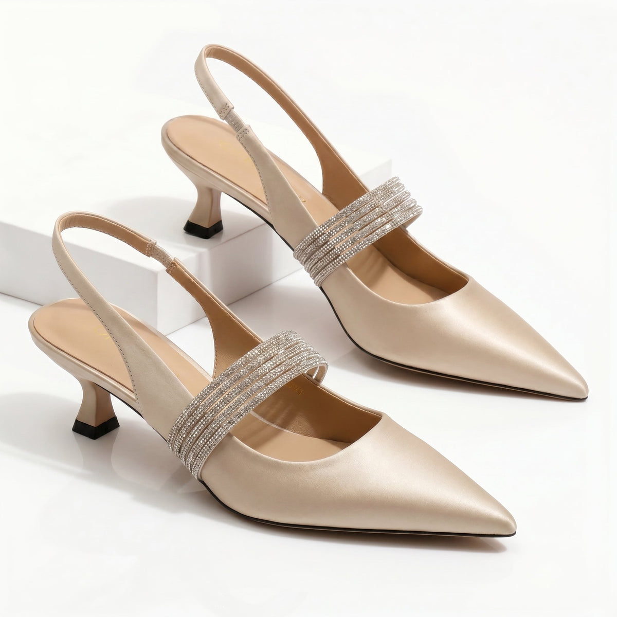 Pointed Toe Rhinestone Slingback Kitten Heel Pumps