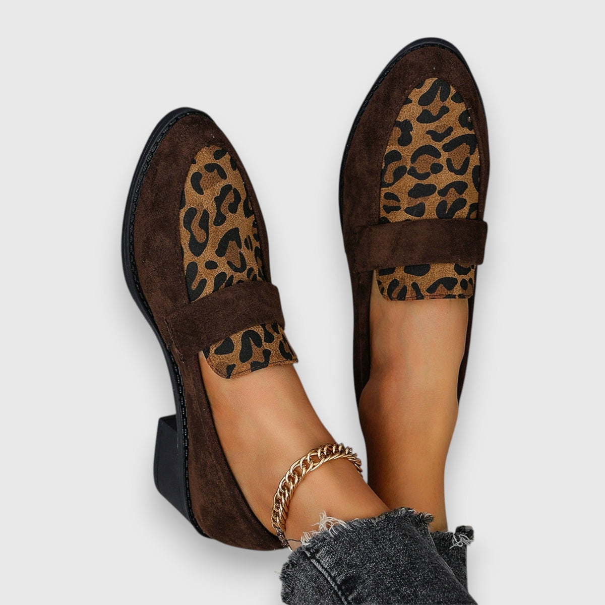 Leopard Print Suede Look Round Toe Block Heel Loafers