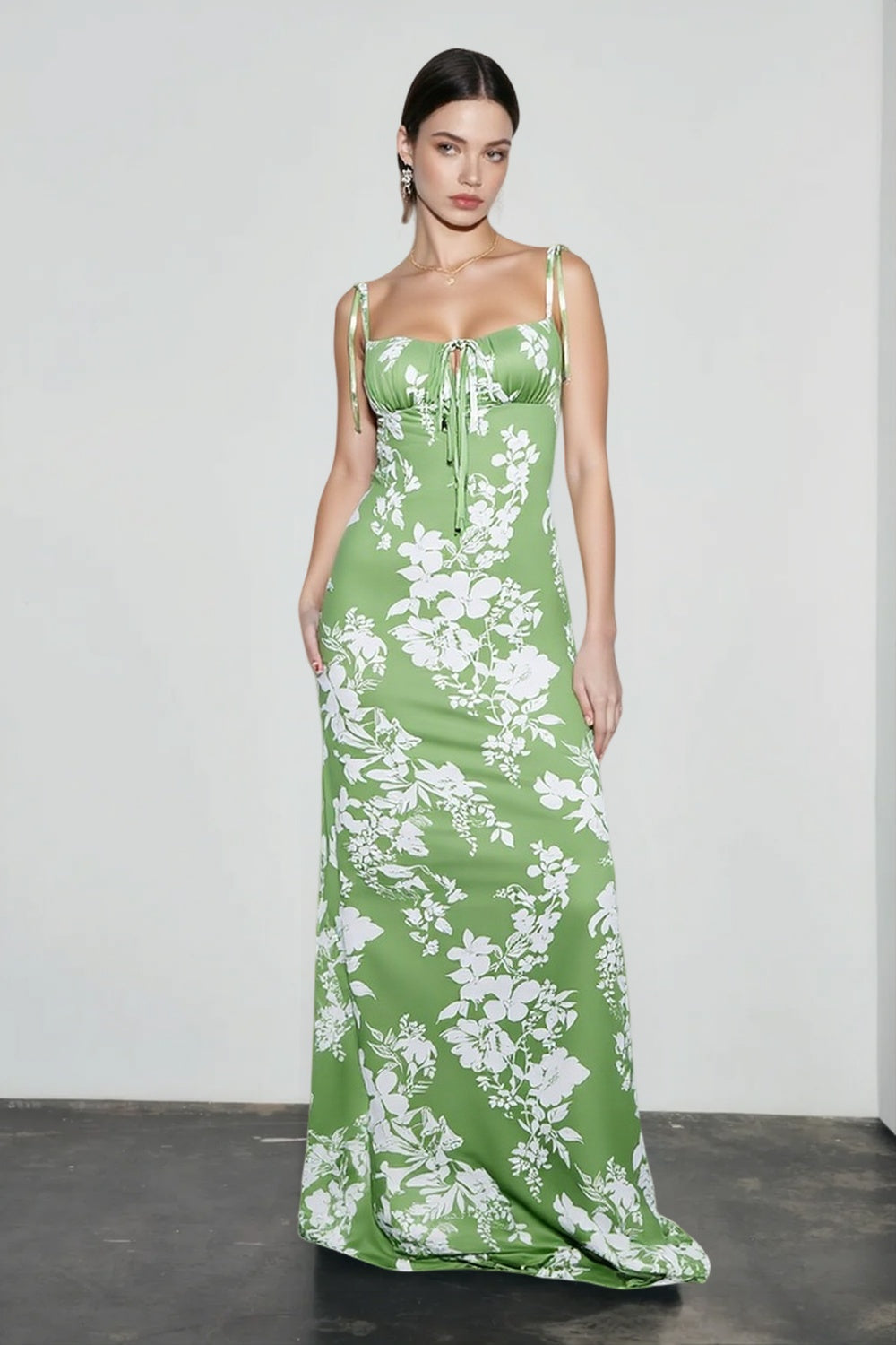 Floral Ruched Backless Tie Cami Mermaid Maxi Bodycon Dress