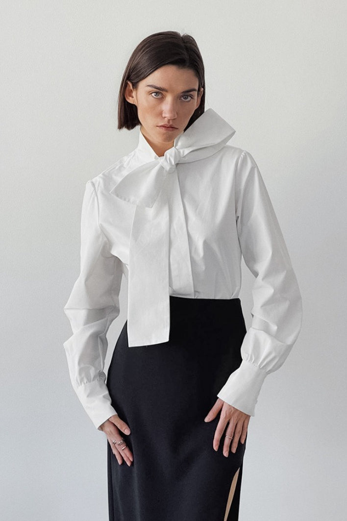 Bow Tie Neck Long Sleeve Pleated Cuff Poplin Blouse