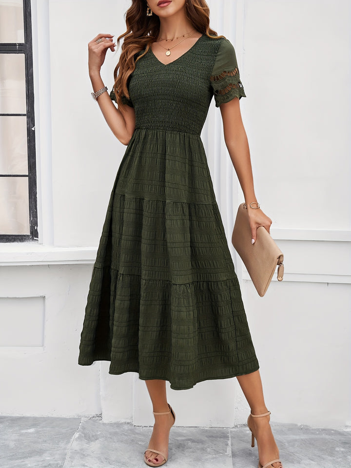 V-Neck Short Sleeve Smocked Bodice Cut Out Trim Tiered Midi Dress 3