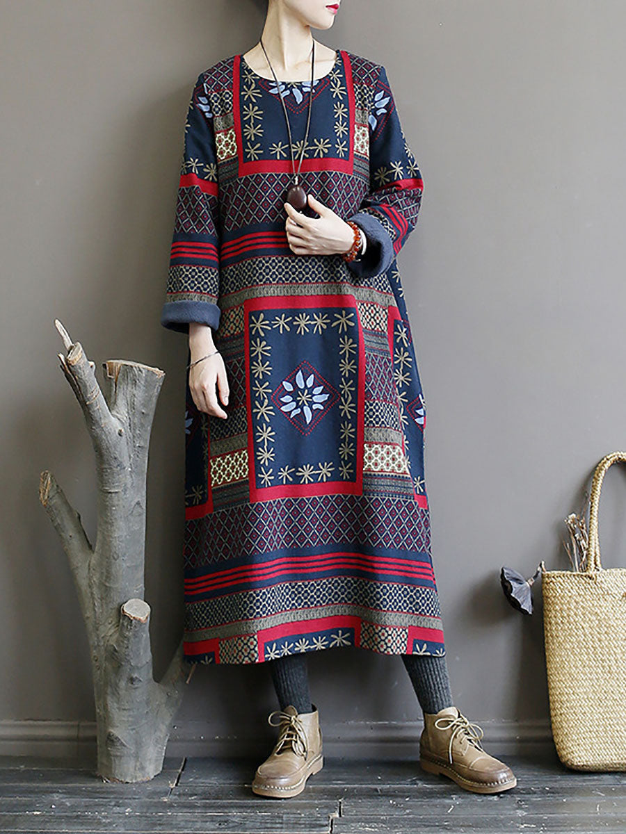 Folk Patchwork Print Long Sleeve Contrast Cuff Crew Neck Maxi Dress