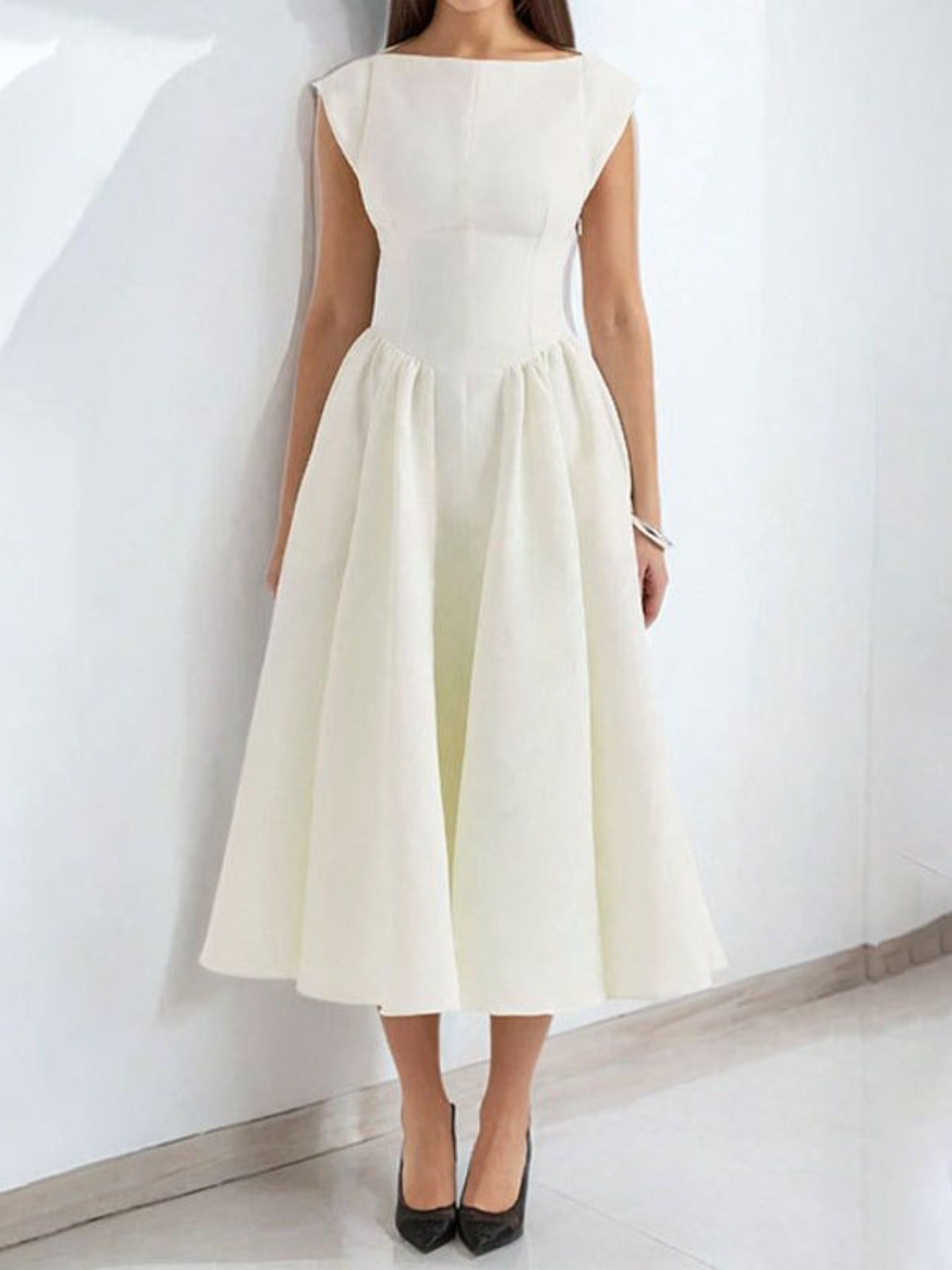 Satin Boat Neck Cap Sleeve Fit and Flare Midi Dress 2