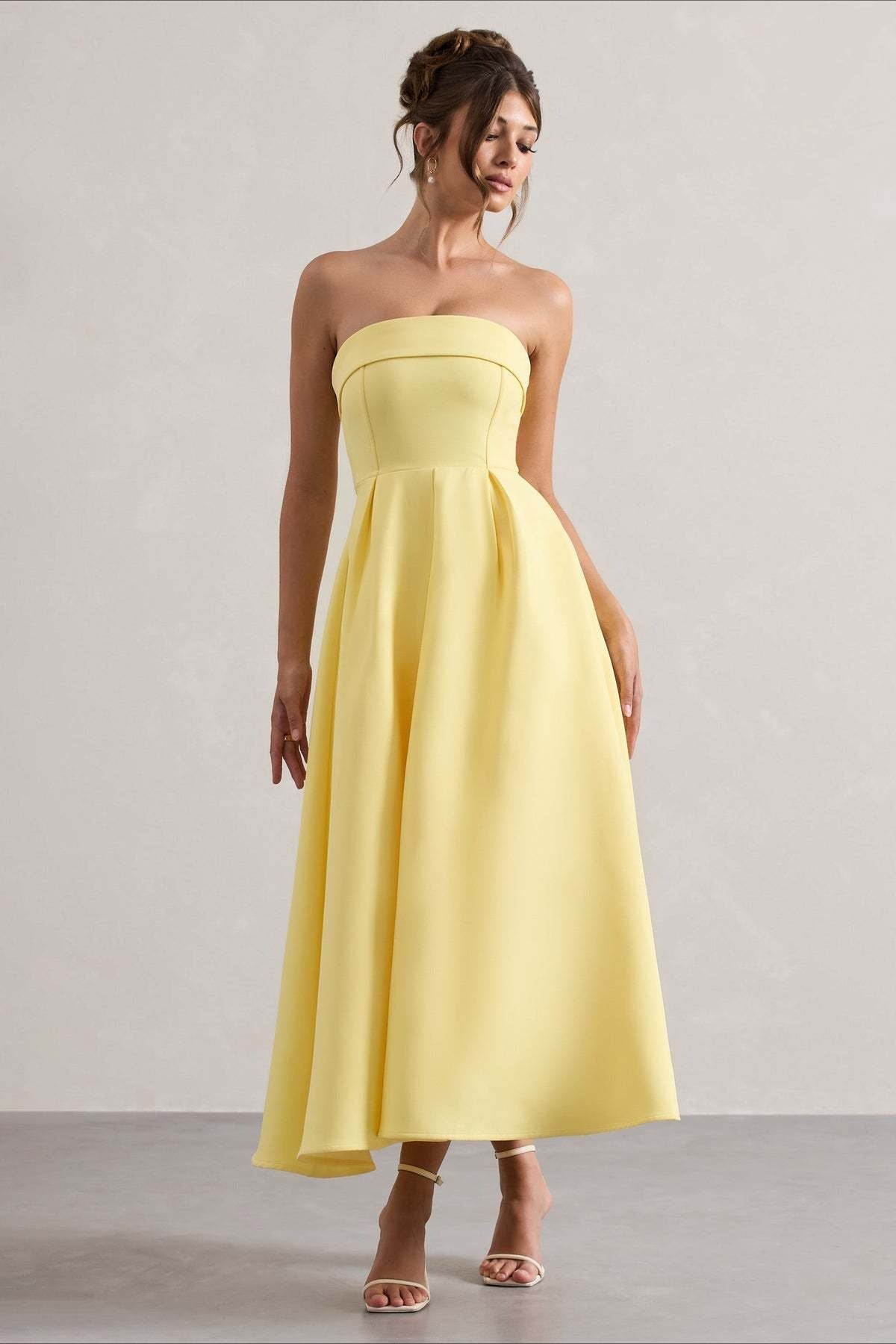 Strapless Fold Over Neck Box Pleat A-Line Midi Cocktail Dress