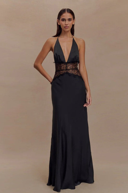 Deep V High-Waist Halter Backless Midi Silk Dress