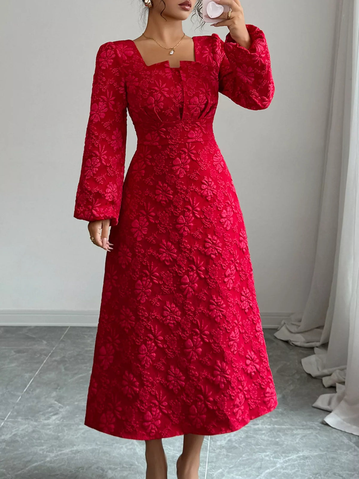 Floral Jacquard Square Neck Balloon Sleeve A-Line Midi Dress