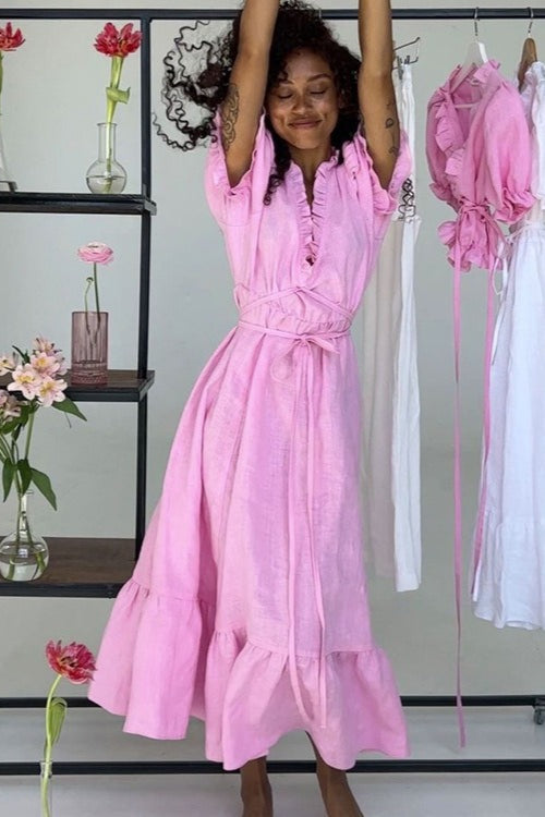 V-Neck Tie Waist Short Sleeve Boho Dress