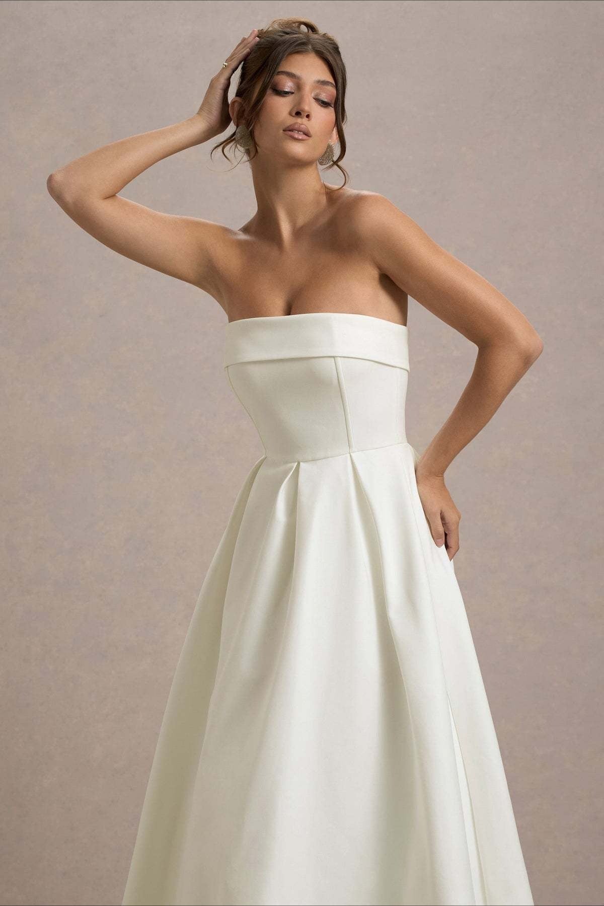 Strapless Fold Over Neck Box Pleat A-Line Midi Cocktail Dress