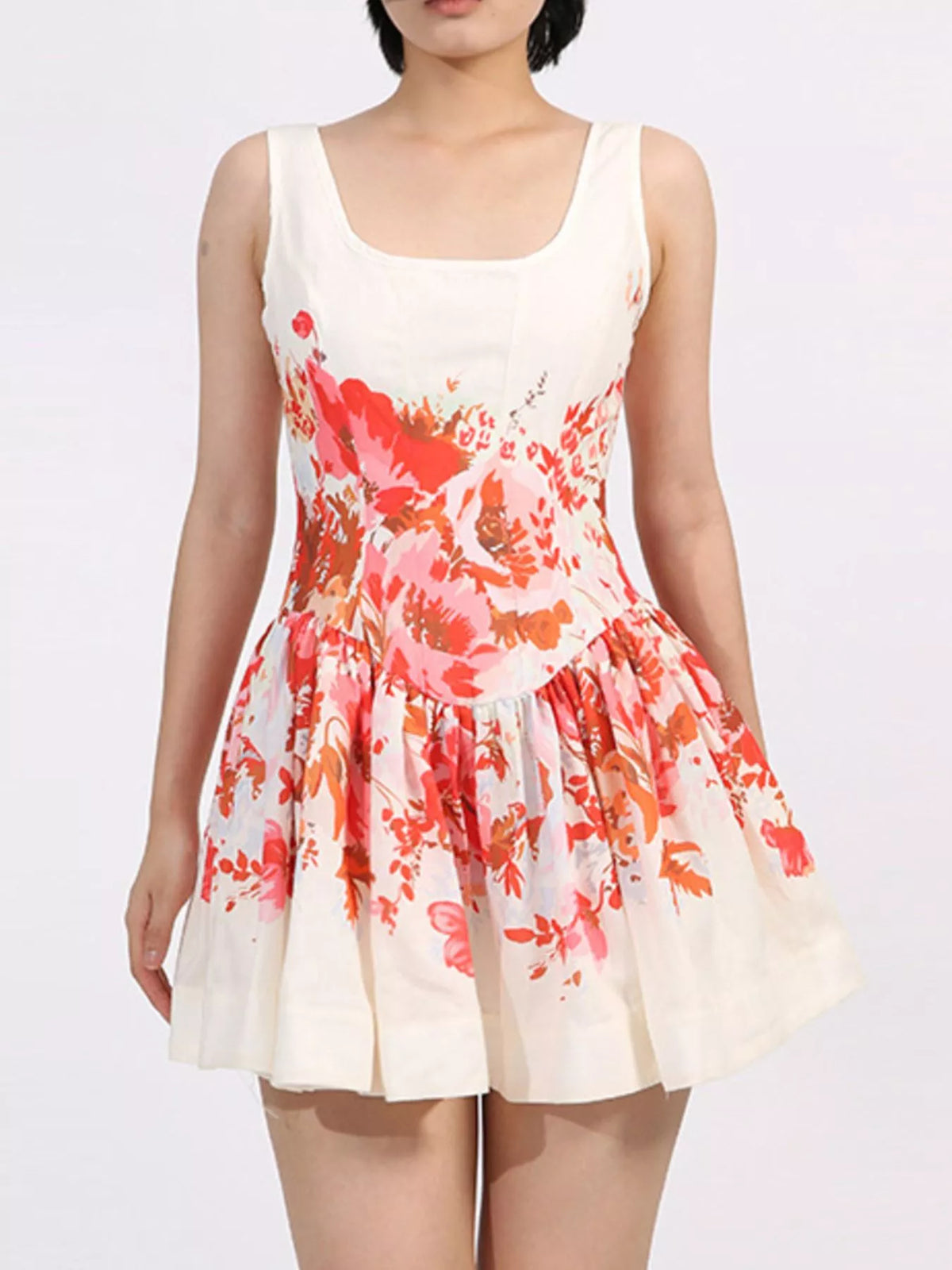Floral Print Scoop Neck Sleeveless Drop Waist Fit and Flare Mini Dress 3