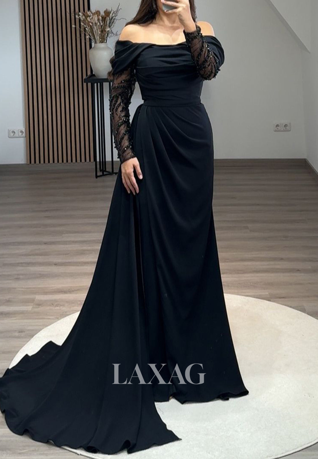 Tube Top Long Sleeves Satin Formal Gowns Off-Shoulder Beaded Pleated Mermaid Prom Dress