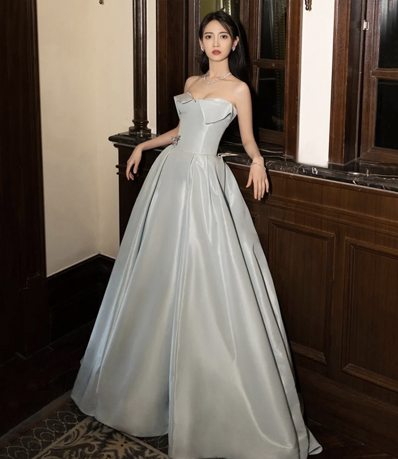 Blue Satin Long Prom Dress Elegant Evening Dress cc1616