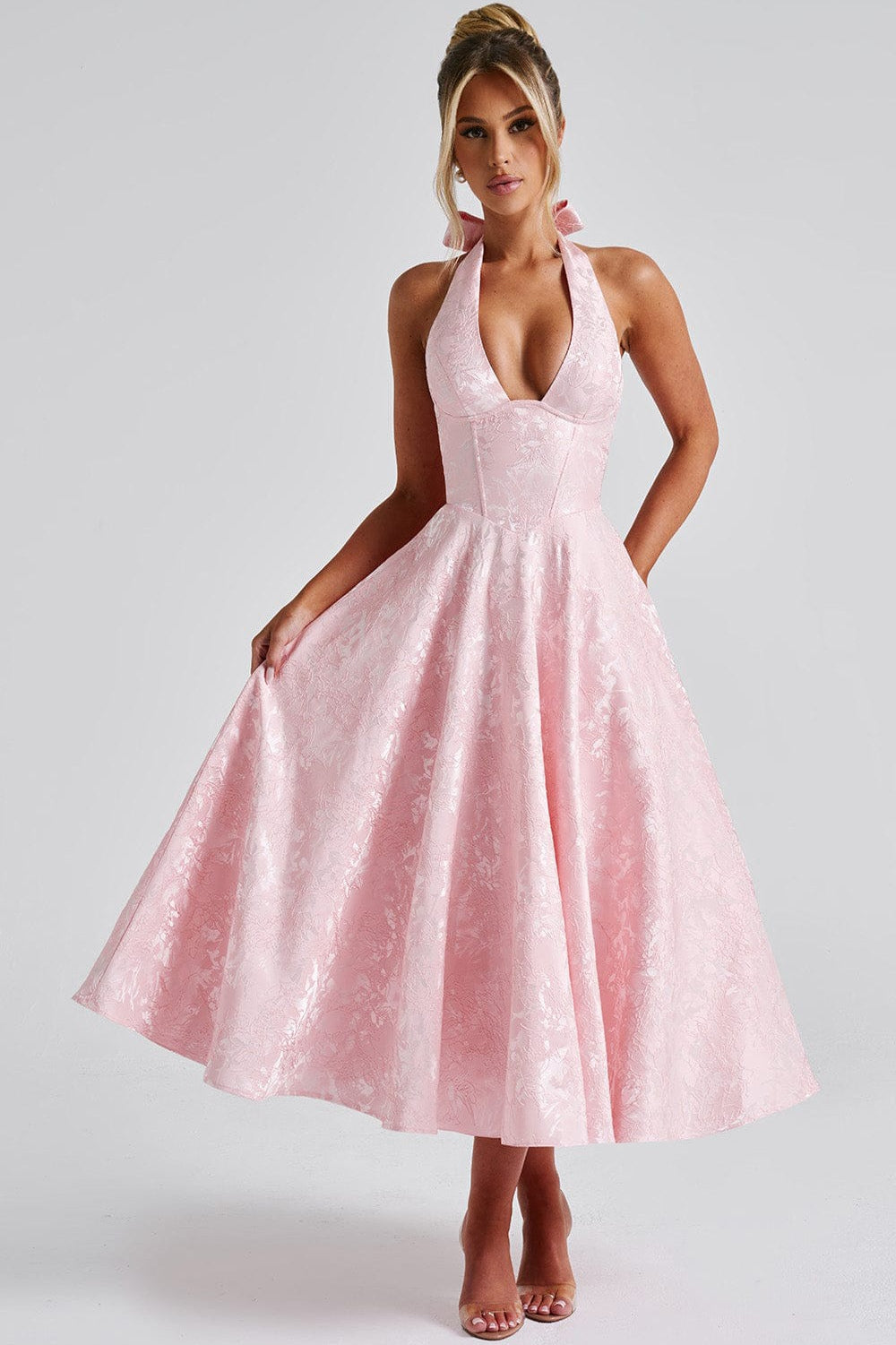 Halter Deep V-Neck Corset Jacquard Fit and Flare Midi Dress
