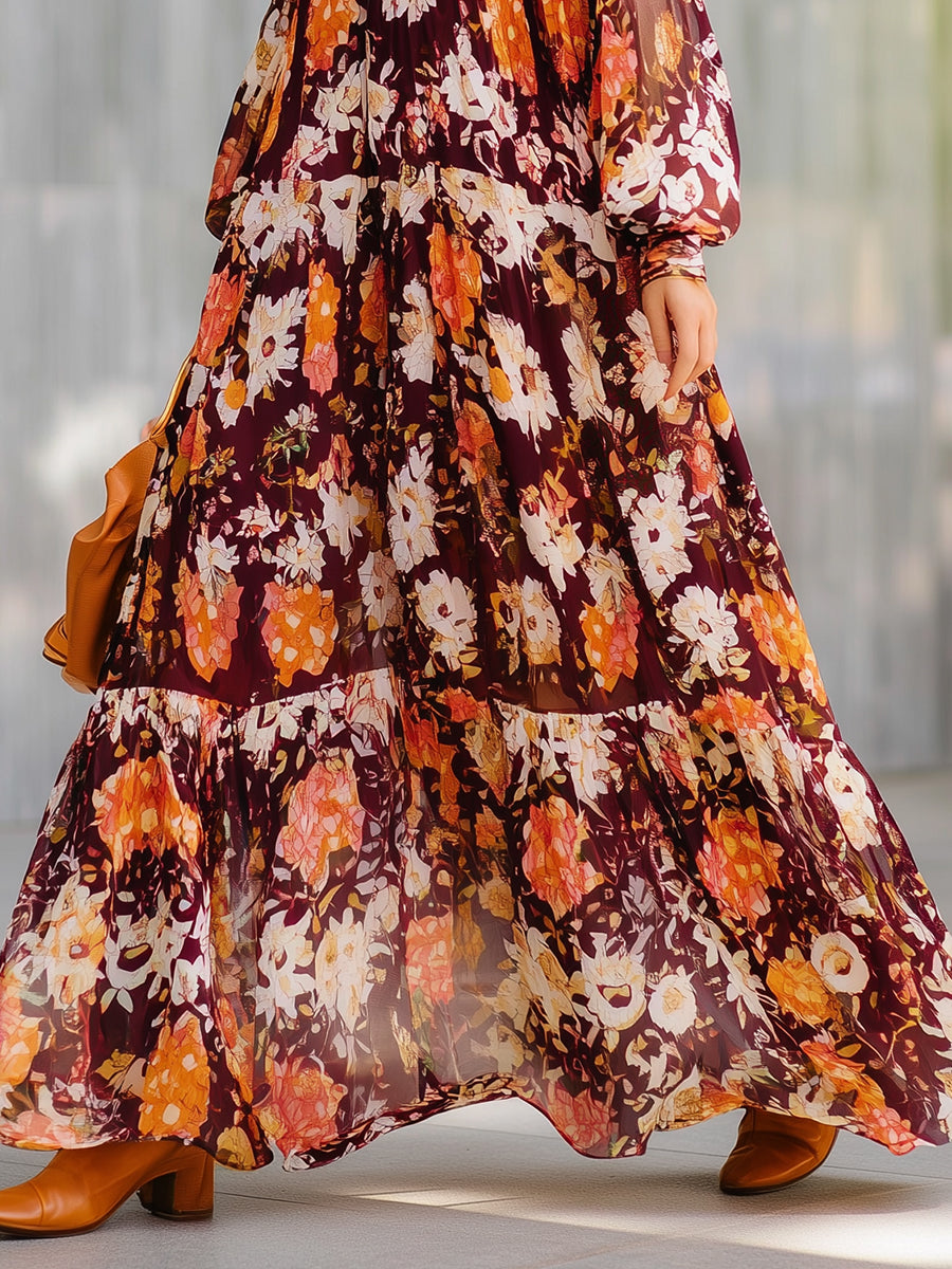 Holiday Bohemian Chiffon Print Ruffled Hem Maxi Dress