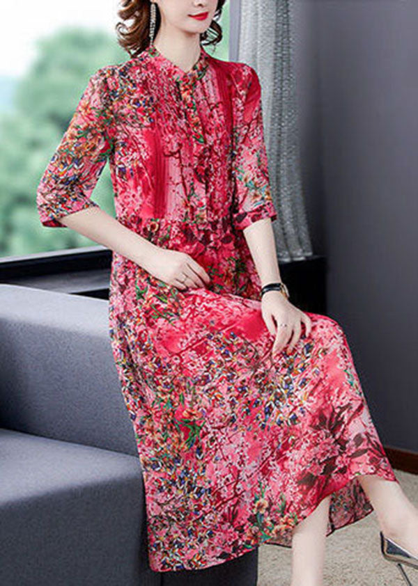 Floral Print Mandarin Collar Pintuck Pleated Three Quarter Sleeve A-Line Midi Dress