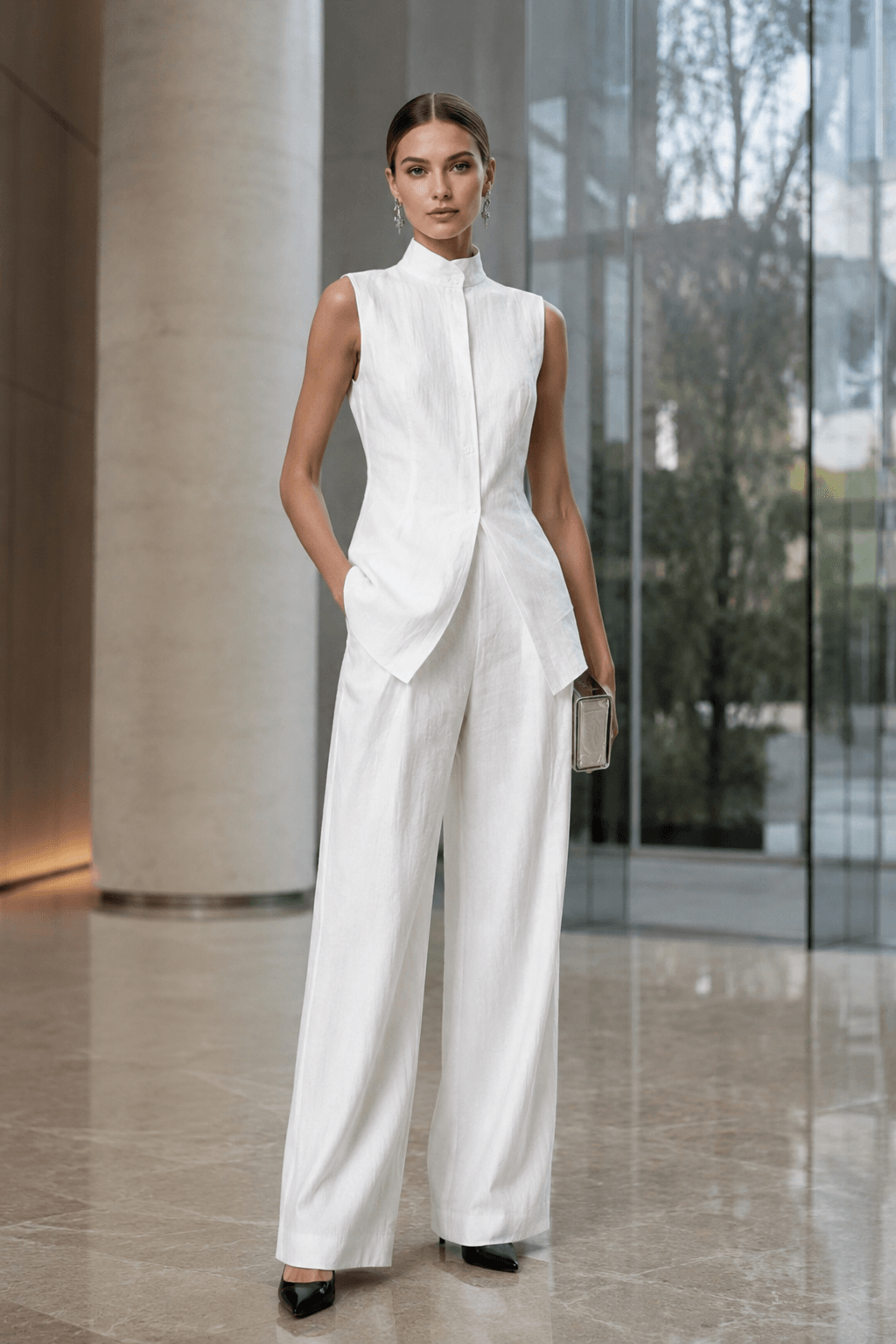Drape Sleeveless Shirt Elegant Two Piece Work Set