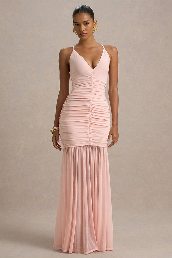 Satin Spaghetti Strap Plunge Ruched Maxi Dress