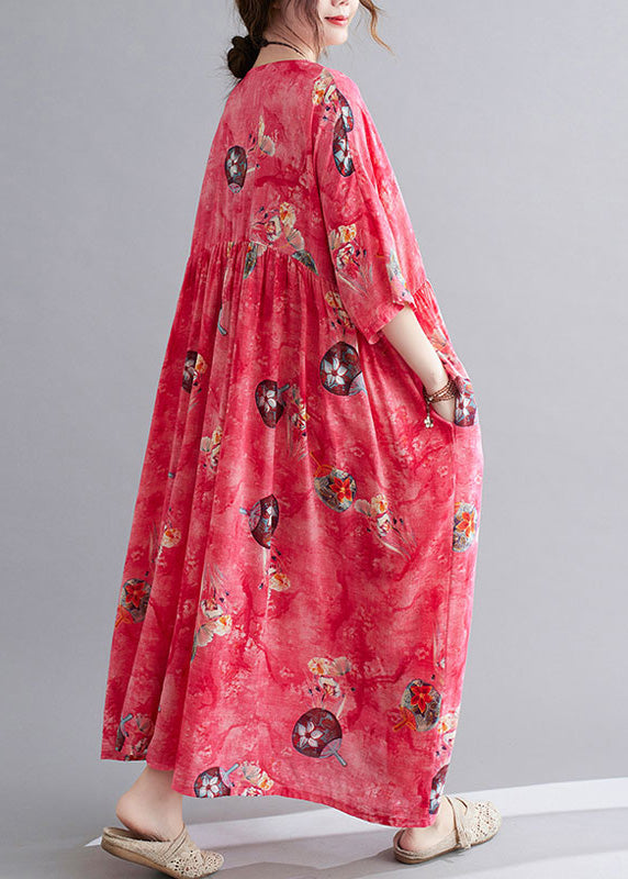 Floral Fan Print Round Neck Empire Waist Short Sleeve Oversized Maxi Dress