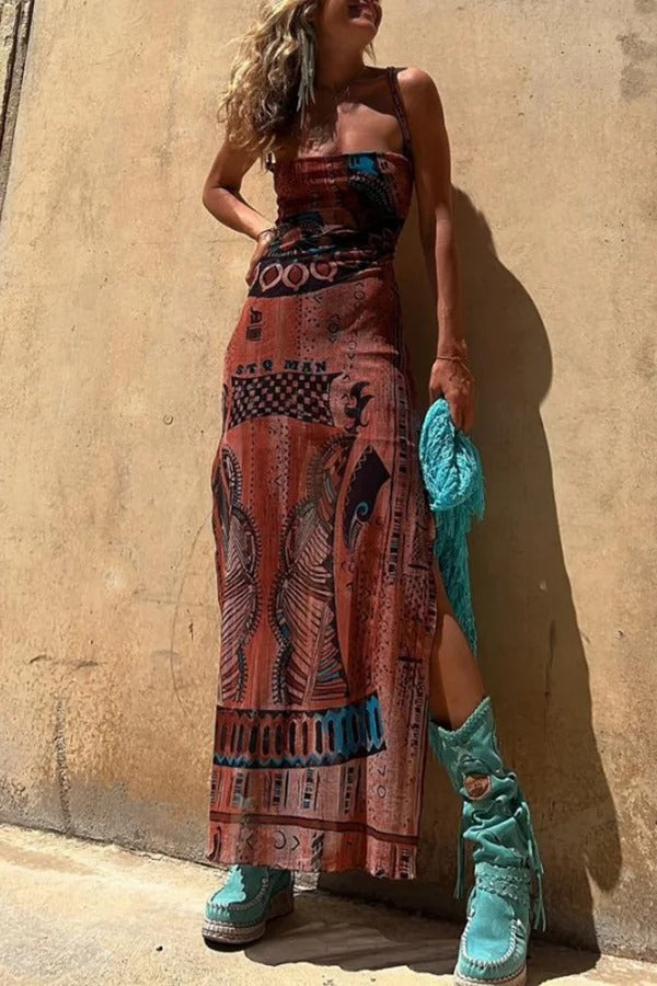 Backless Lace Up Fringe High Split Boho Maxi Dress