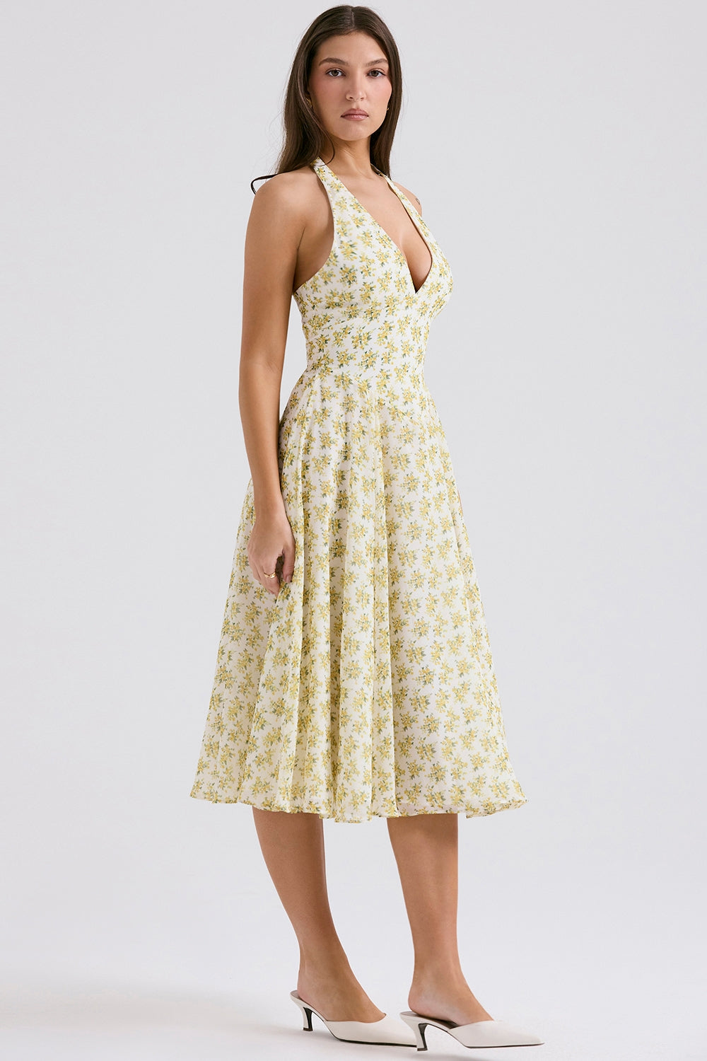Ditsy Floral Halter Neck Plunge Fit and Flare Midi Dress 5